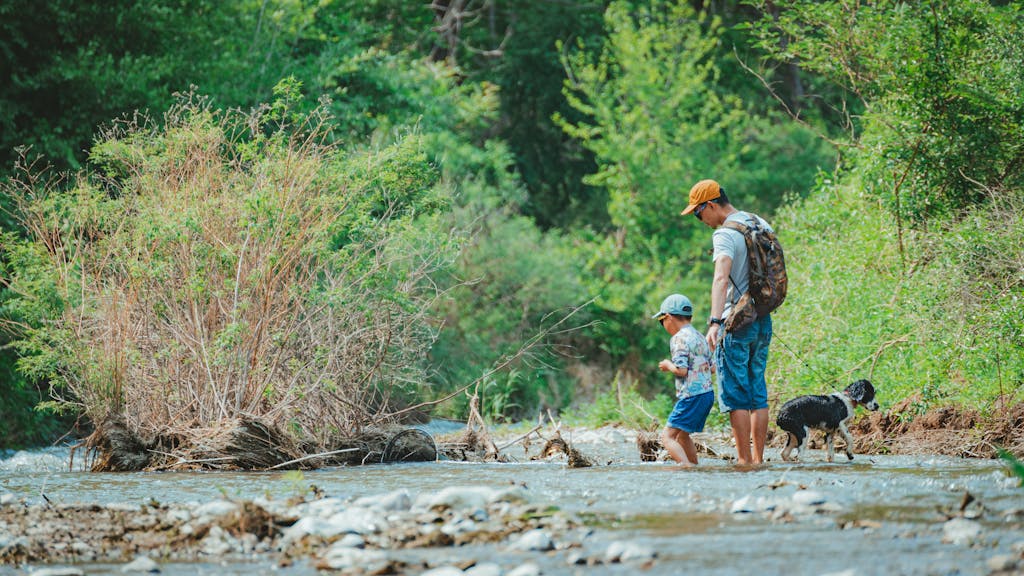 A serene moment between father and son walking their dog by a river.